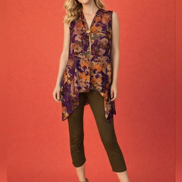 LOGO by Lori Goldstein Other - Vtg LOGO Floral Sleeveless Kimono Leggings Set